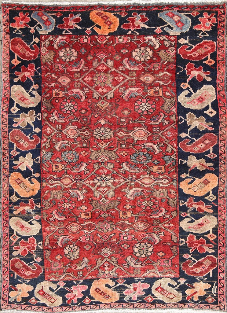 Hand-Knotted Red Geometric Heriz Persian Area Rug Wool 4x5