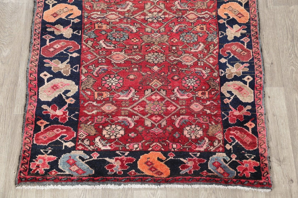 Hand-Knotted Red Geometric Heriz Persian Area Rug Wool 4x5