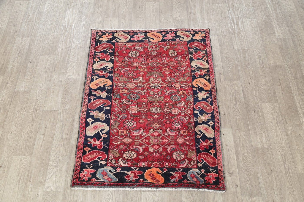 Hand-Knotted Red Geometric Heriz Persian Area Rug Wool 4x5