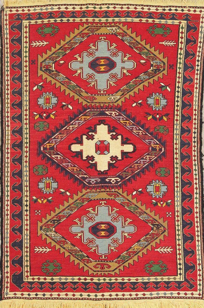 Hand-Woven Red Geometric Kilim Shiraz Persian Area Rug Wool 4x6