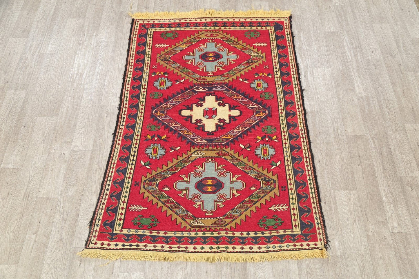 Hand-Woven Red Geometric Kilim Shiraz Persian Area Rug Wool 4x6