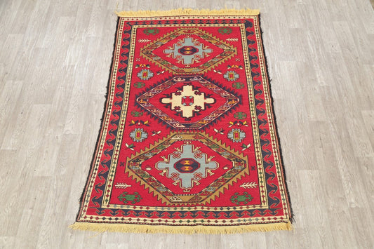 Hand-Woven Red Geometric Kilim Shiraz Persian Area Rug Wool 4x6