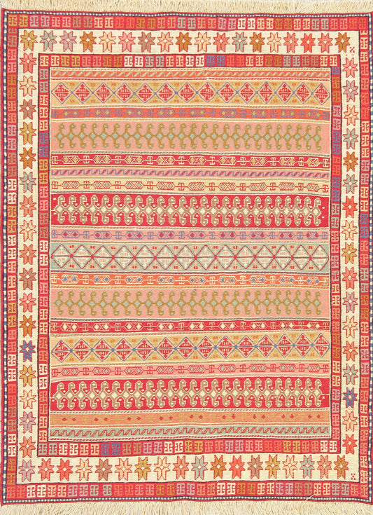 Hand-Woven Geometric Sumak Kilim Shiraz Persian Area Rug Wool 4x5