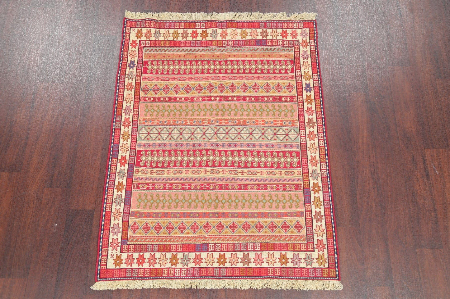 Hand-Woven Geometric Sumak Kilim Shiraz Persian Area Rug Wool 4x5