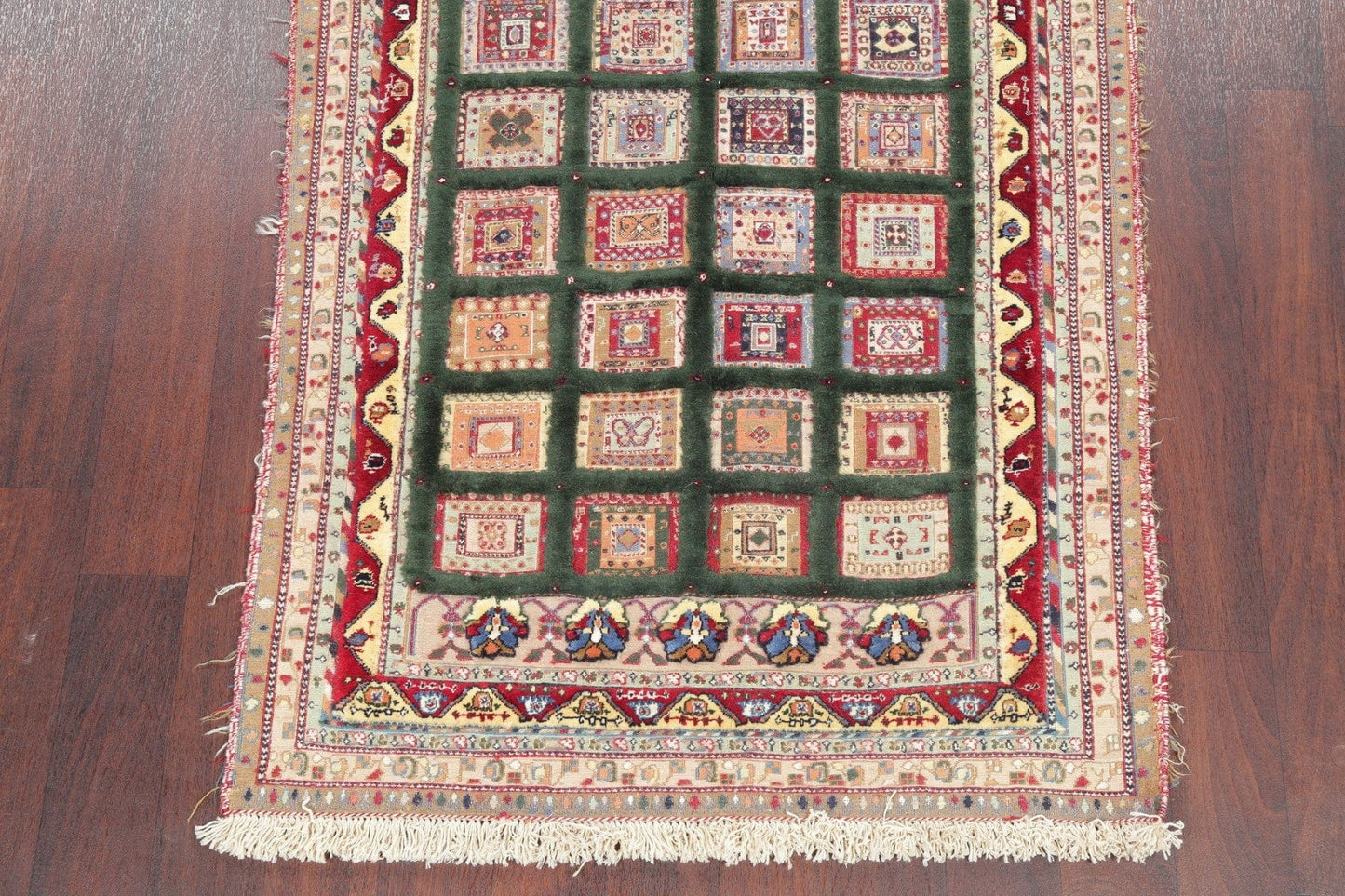 Hand-Woven Teal Green Geometric Kilim Shiraz Persian Area Rug Wool 4x5