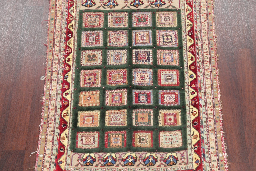 Hand-Woven Teal Green Geometric Kilim Shiraz Persian Area Rug Wool 4x5