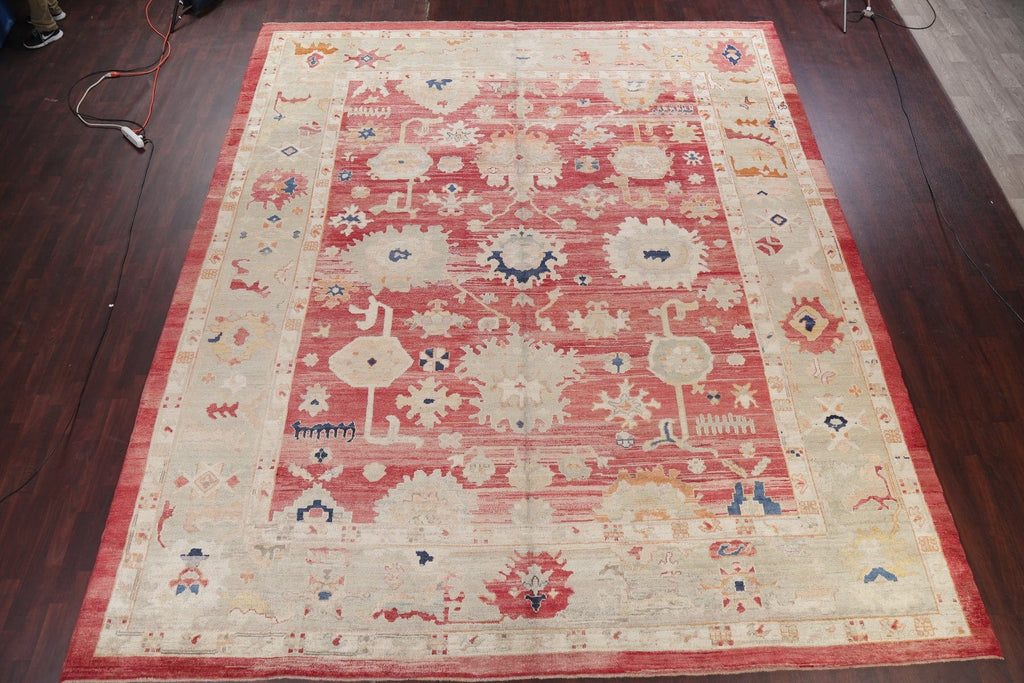 Geometric Red Oushak Turkish Oriental Hand-Knotted Area Rug Wool 13x15