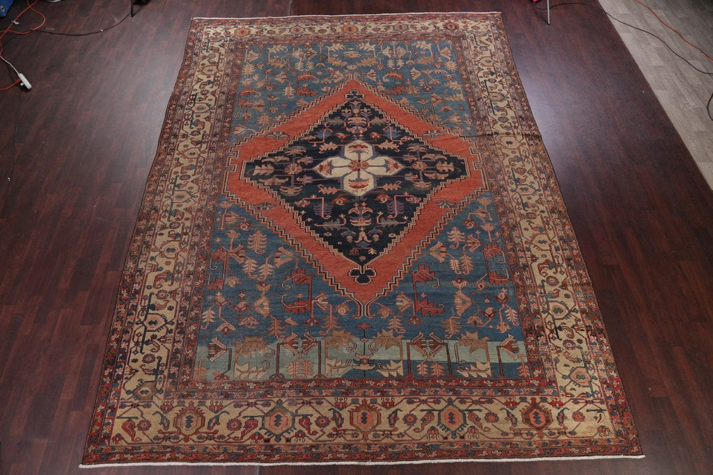 Pre-1900 Antique Geometric Blue Heriz Serapi Bakhshayesh Persian Area Rug 11x15