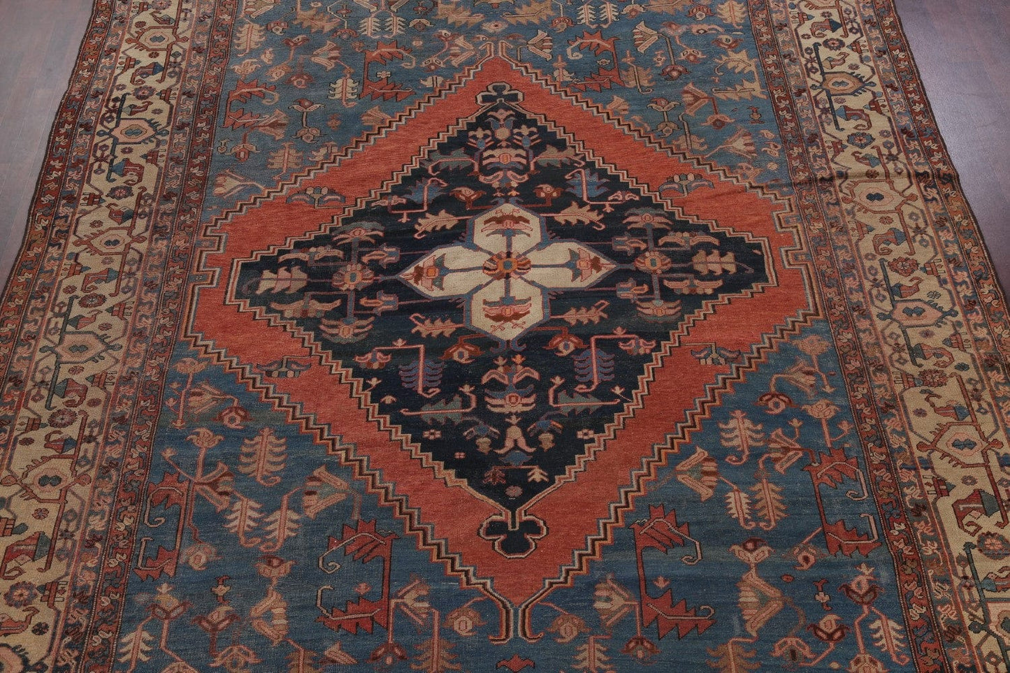 Pre-1900 Antique Geometric Blue Heriz Serapi Bakhshayesh Persian Area Rug 11x15