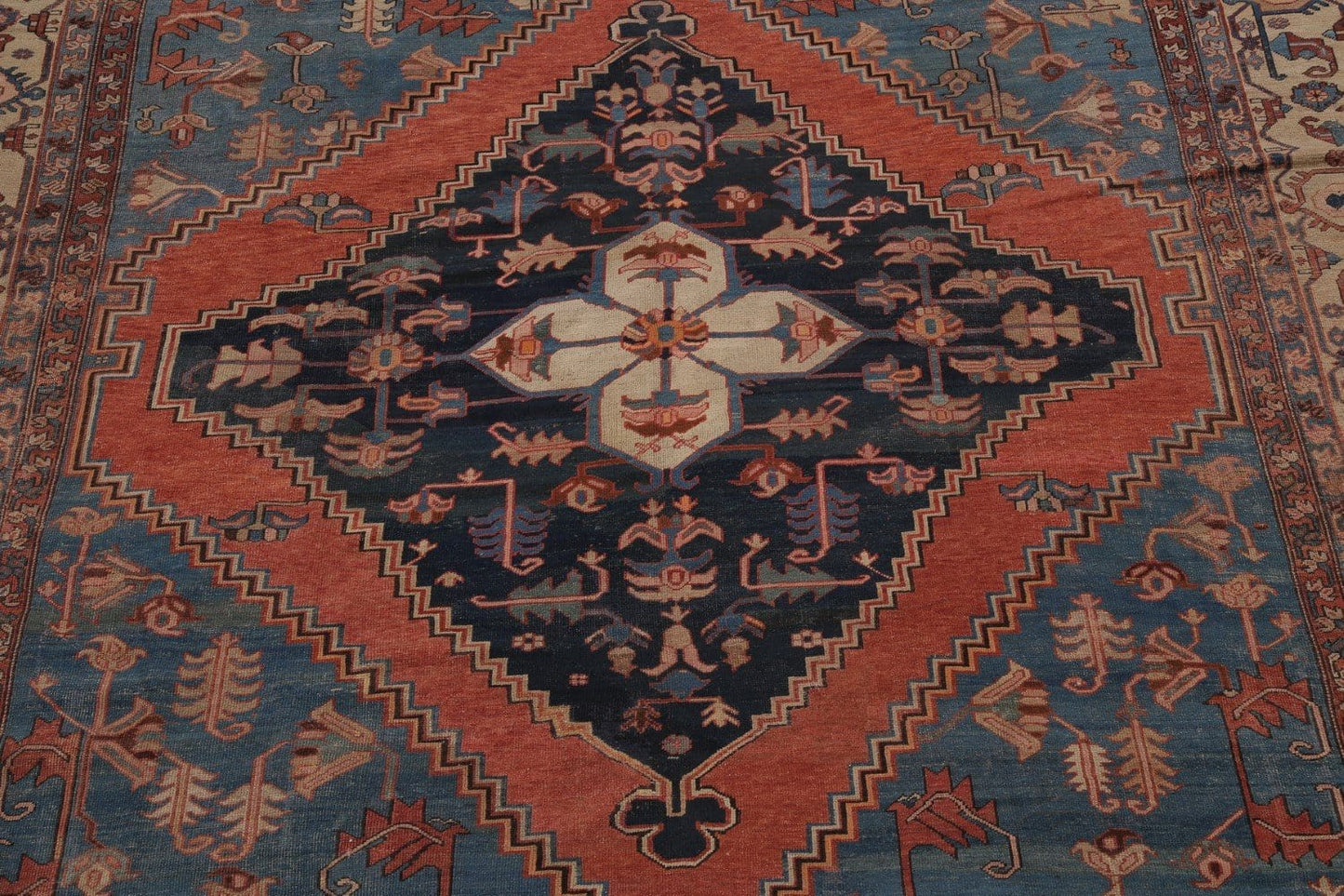 Pre-1900 Antique Geometric Blue Heriz Serapi Bakhshayesh Persian Area Rug 11x15