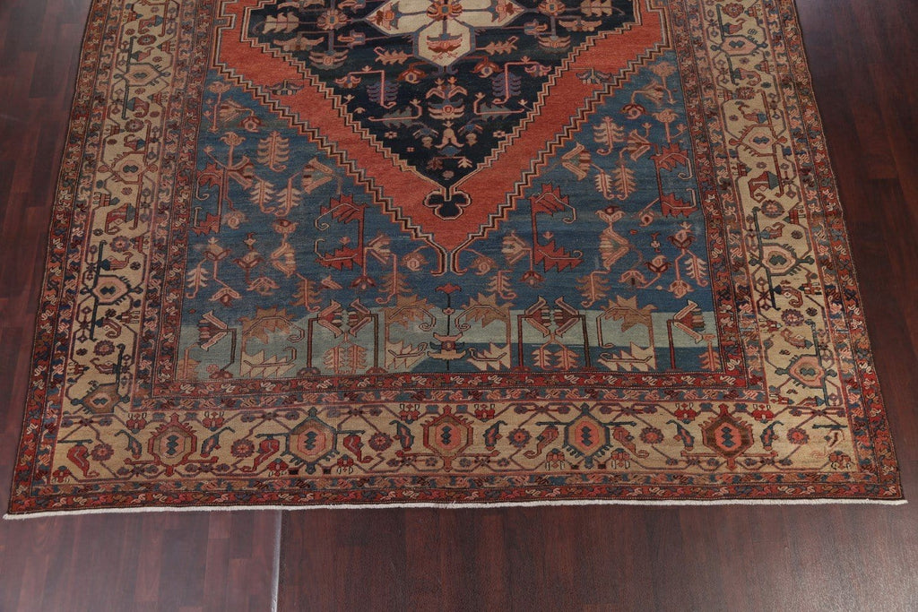 Pre-1900 Antique Geometric Blue Heriz Serapi Bakhshayesh Persian Area Rug 11x15