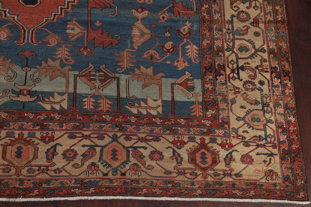 Pre-1900 Antique Geometric Blue Heriz Serapi Bakhshayesh Persian Area Rug 11x15