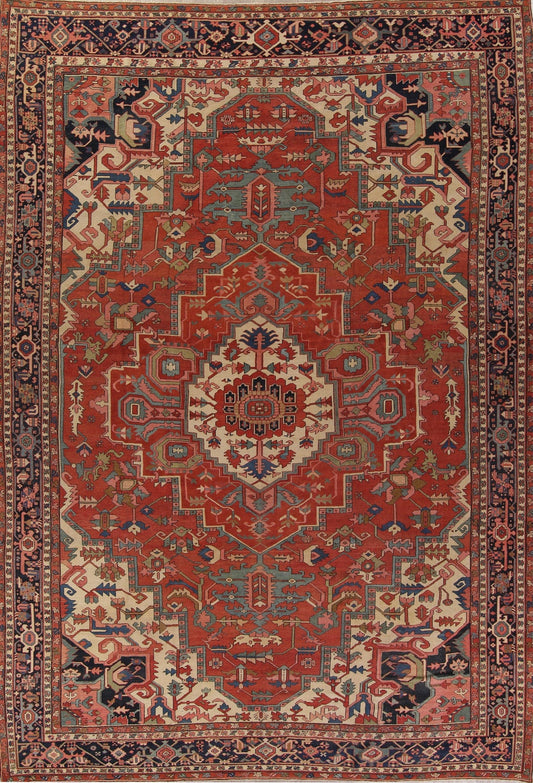 Pre-1900 Antique Vegetable Dye Geometric Heriz Serapi Persian Area Rug 12x16