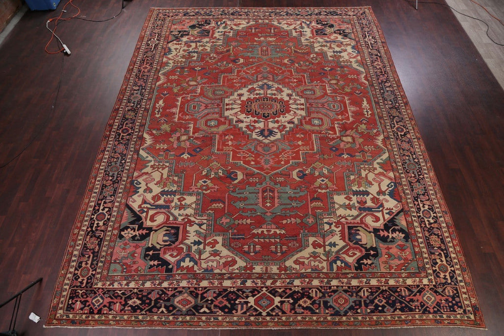 Pre-1900 Antique Vegetable Dye Geometric Heriz Serapi Persian Area Rug 12x16