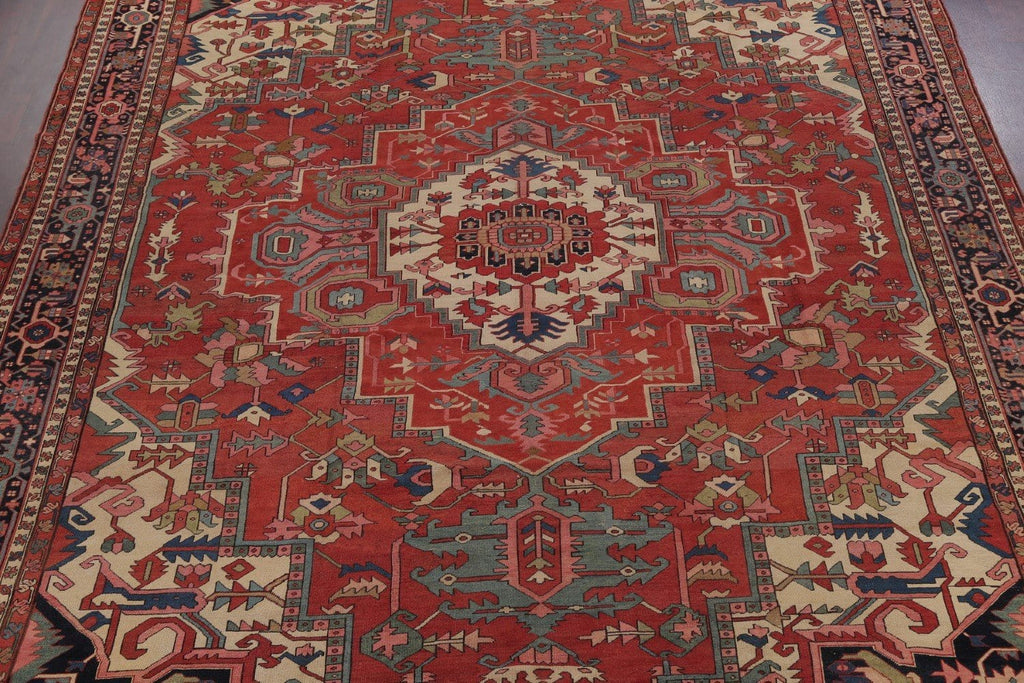 Pre-1900 Antique Vegetable Dye Geometric Heriz Serapi Persian Area Rug 12x16