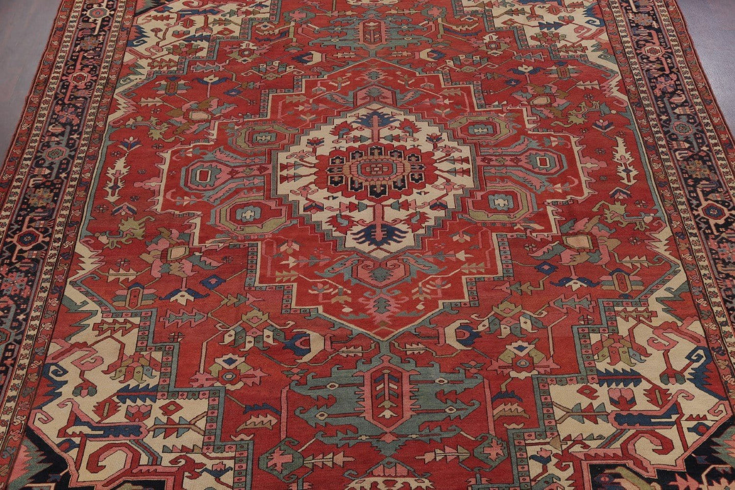 Pre-1900 Antique Vegetable Dye Geometric Heriz Serapi Persian Area Rug 12x16