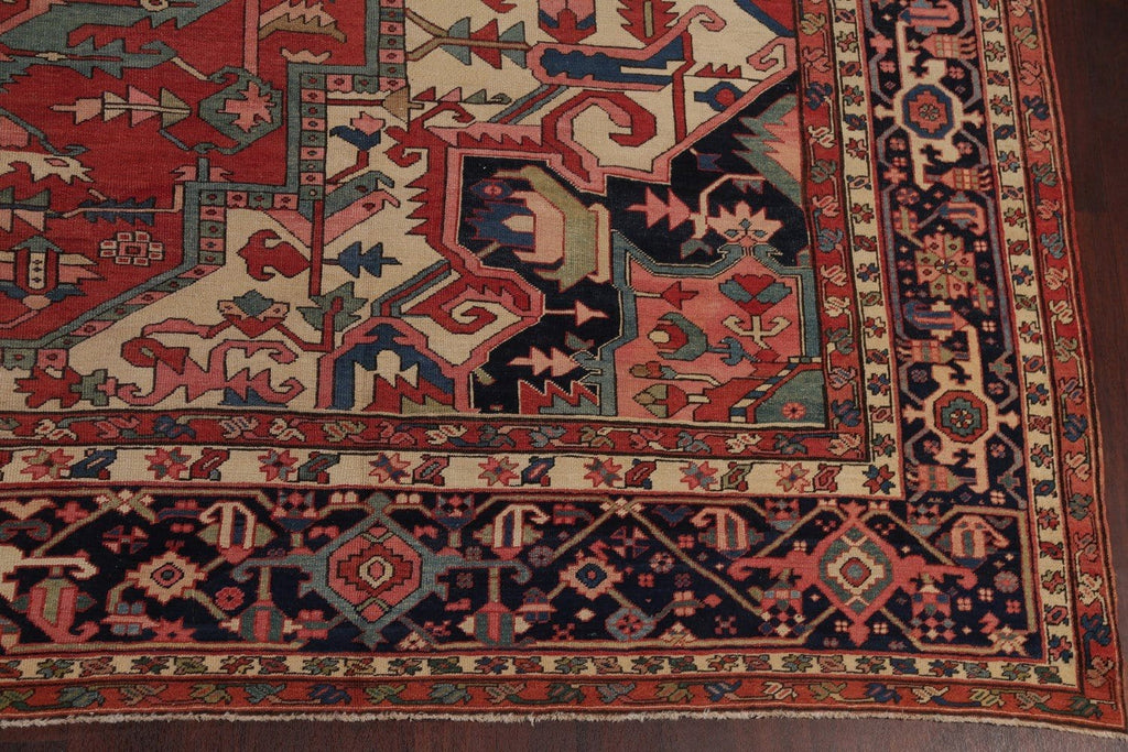 Pre-1900 Antique Vegetable Dye Geometric Heriz Serapi Persian Area Rug 12x16