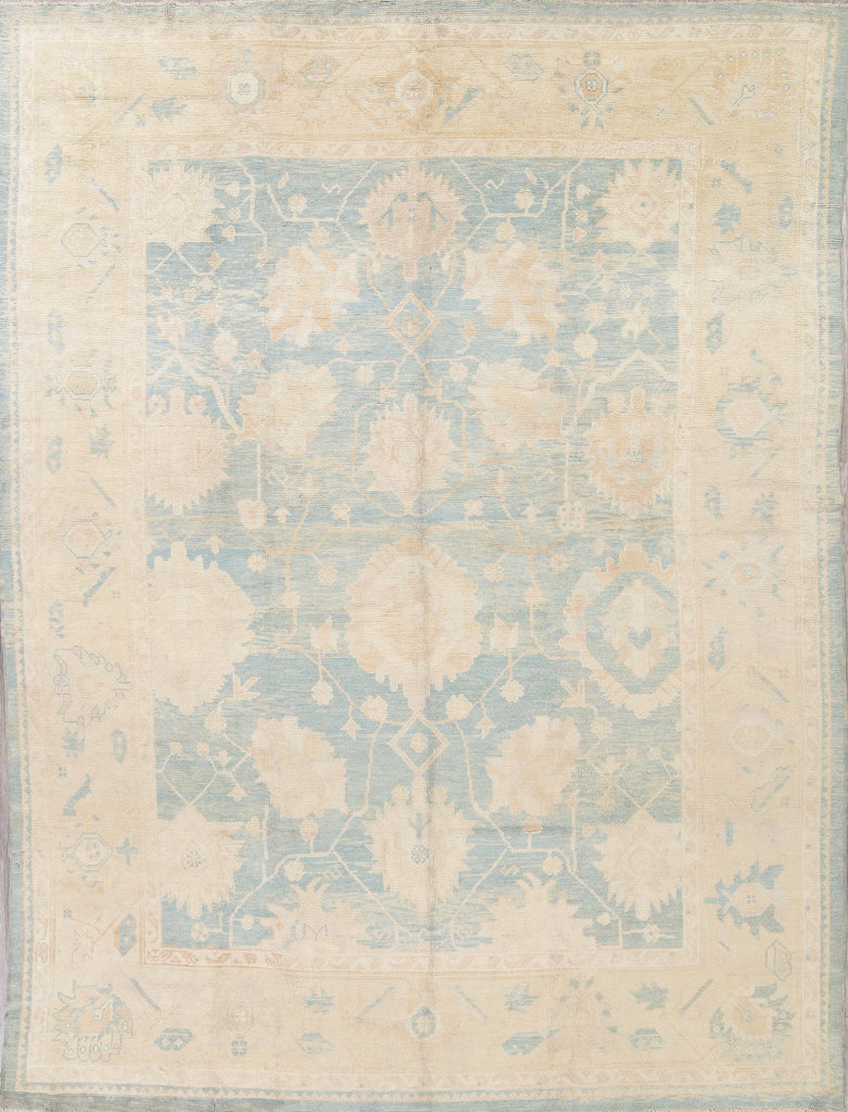 Vegetable Dye Muted Blue Oushak Turkish Hand-Knotted Area Rug 10x14