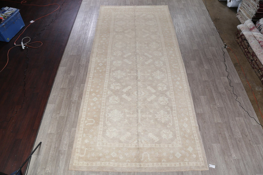 Vegetable Dye Muted Tan Oushak Turkish Hand-Knotted Runner Rug 7x16