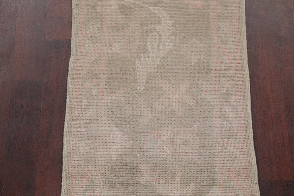 Vegetable Dye Muted Green Oushak Turkish Hand-Knotted Runner Rug 2x12