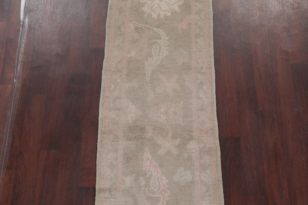 Vegetable Dye Muted Green Oushak Turkish Hand-Knotted Runner Rug 2x12