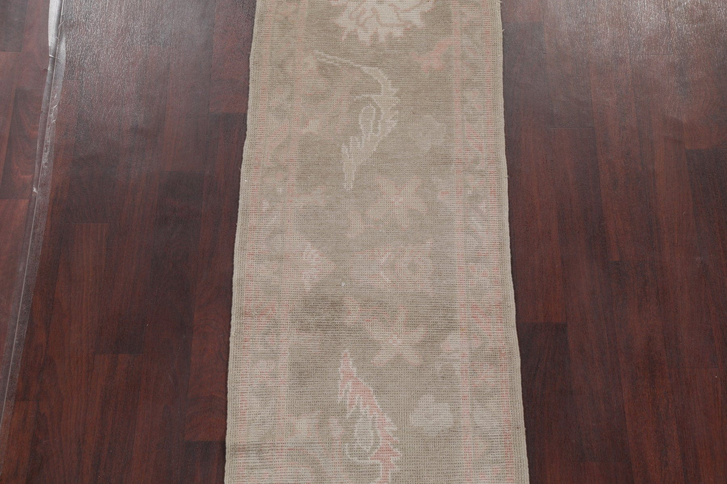 Vegetable Dye Muted Green Oushak Turkish Hand-Knotted Runner Rug 2x12