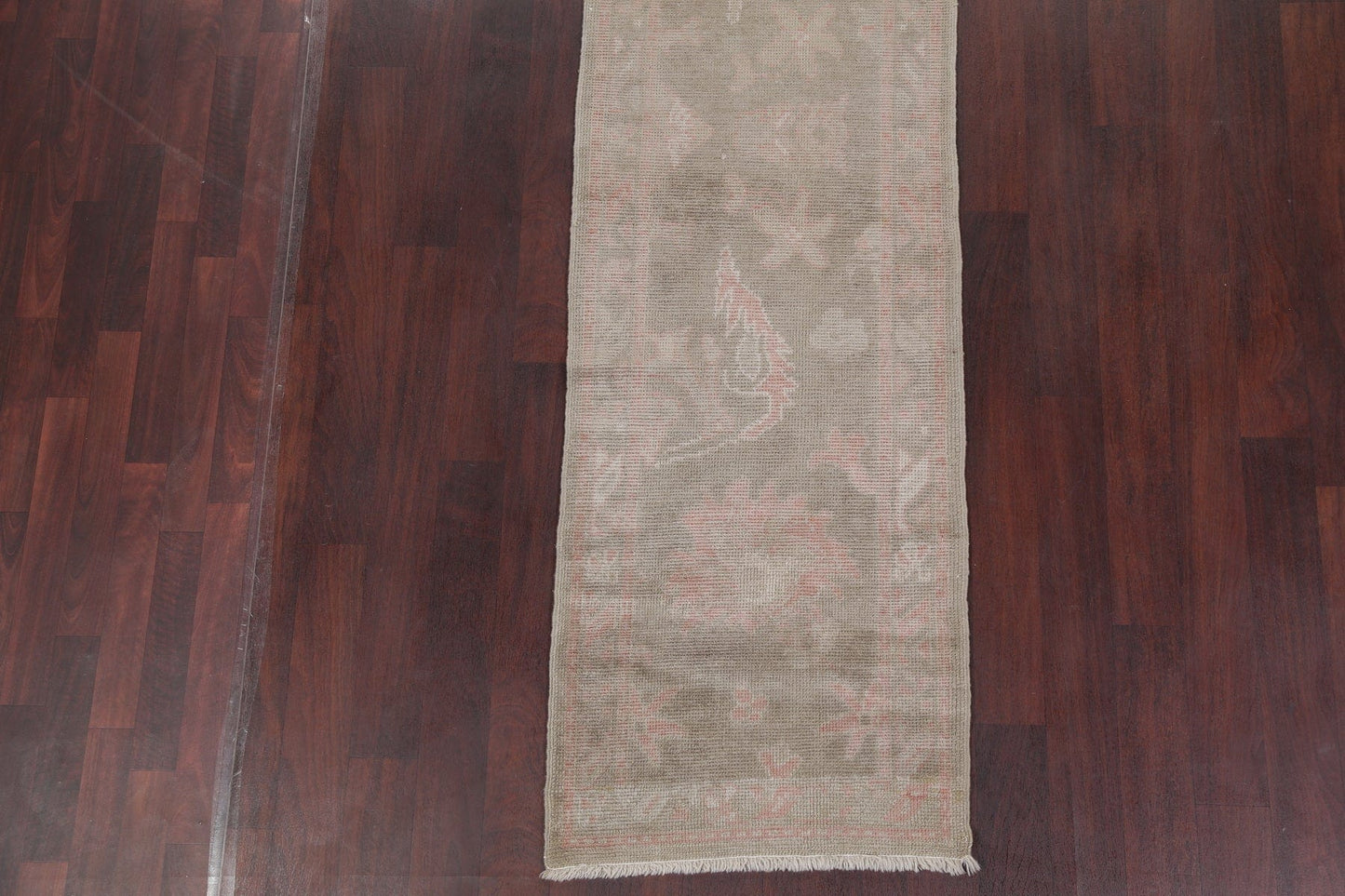 Vegetable Dye Muted Green Oushak Turkish Hand-Knotted Runner Rug 2x12