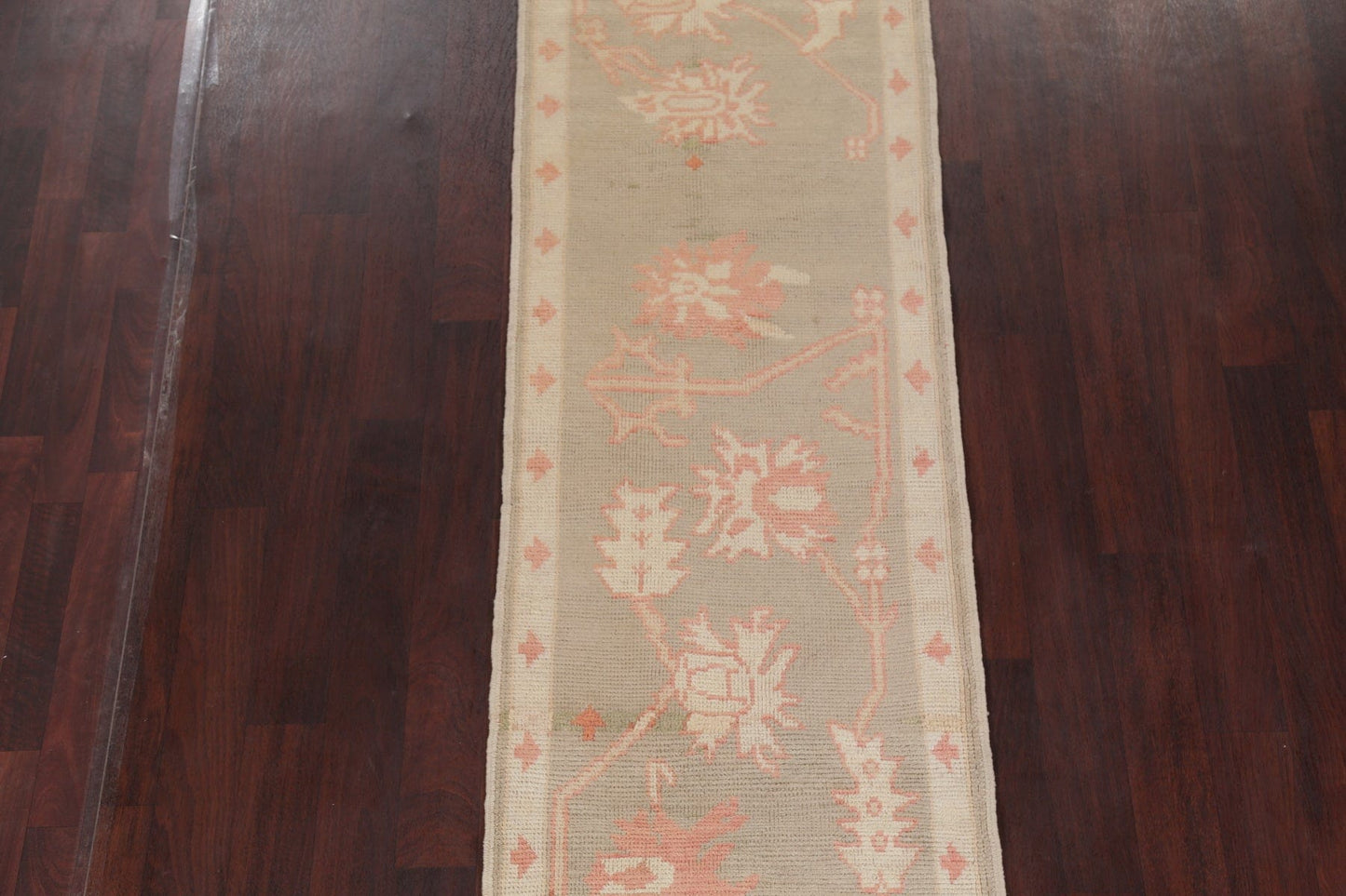 Vegetable Dye Muted All-Over Green Oushak Turkish Hand-Knotted Runner Rug 3x12