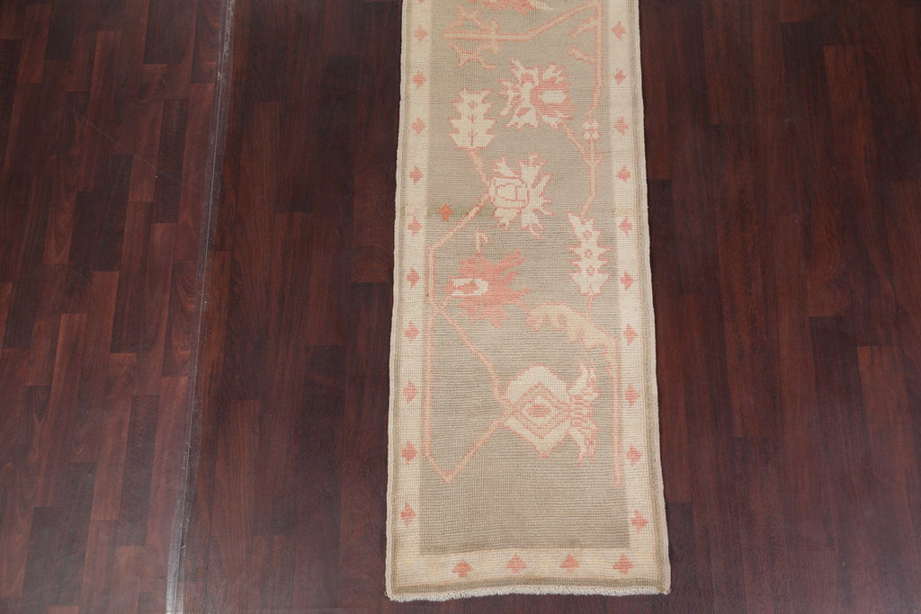 Vegetable Dye Muted All-Over Green Oushak Turkish Hand-Knotted Runner Rug 3x12