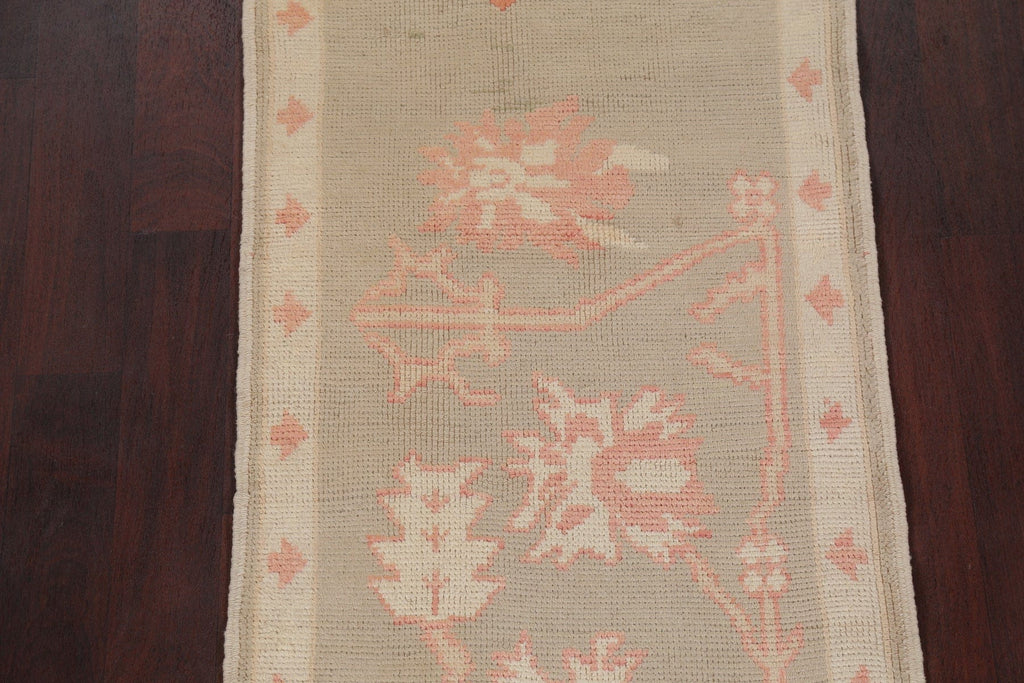 Vegetable Dye Muted All-Over Green Oushak Turkish Hand-Knotted Runner Rug 3x12