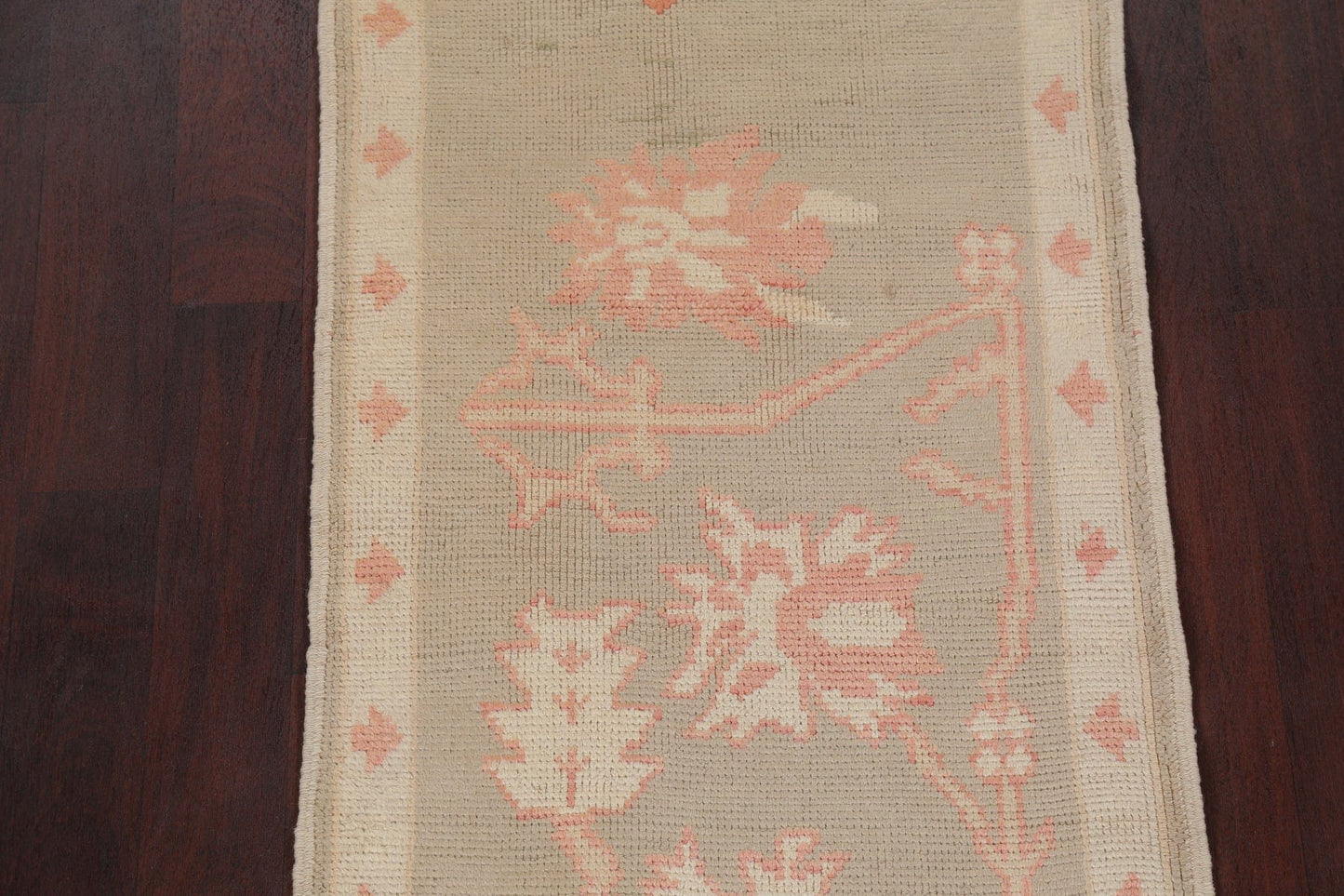 Vegetable Dye Muted All-Over Green Oushak Turkish Hand-Knotted Runner Rug 3x12