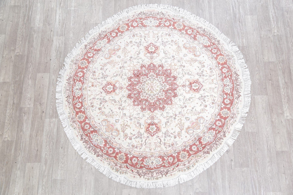 Vegetable Dye Floral Ivory Tabriz Persian Hand-Knotted Round Rug 7x7