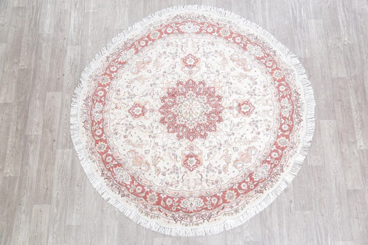Vegetable Dye Floral Ivory Tabriz Persian Hand-Knotted Round Rug 7x7