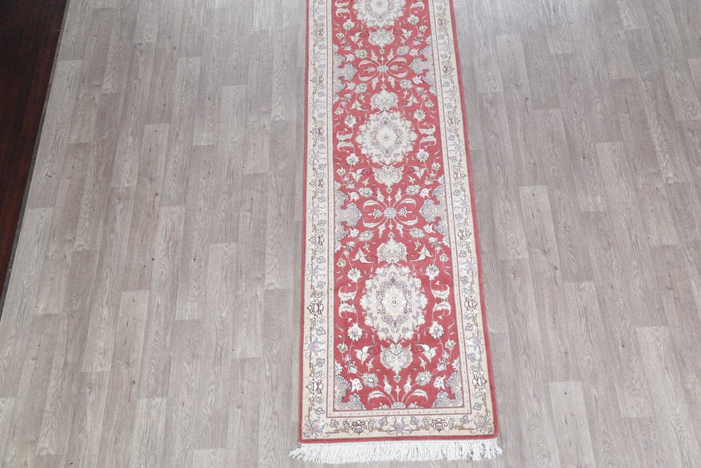 Vegetable Dye Floral Red Tabriz Persian Hand-Knotted Runner Rug 3x17