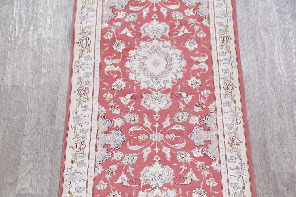 Vegetable Dye Floral Red Tabriz Persian Hand-Knotted Runner Rug 3x17