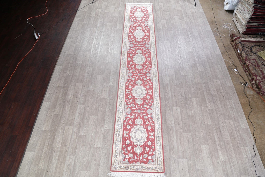 Vegetable Dye Floral Red Tabriz Persian Hand-Knotted Runner Rug 3x17