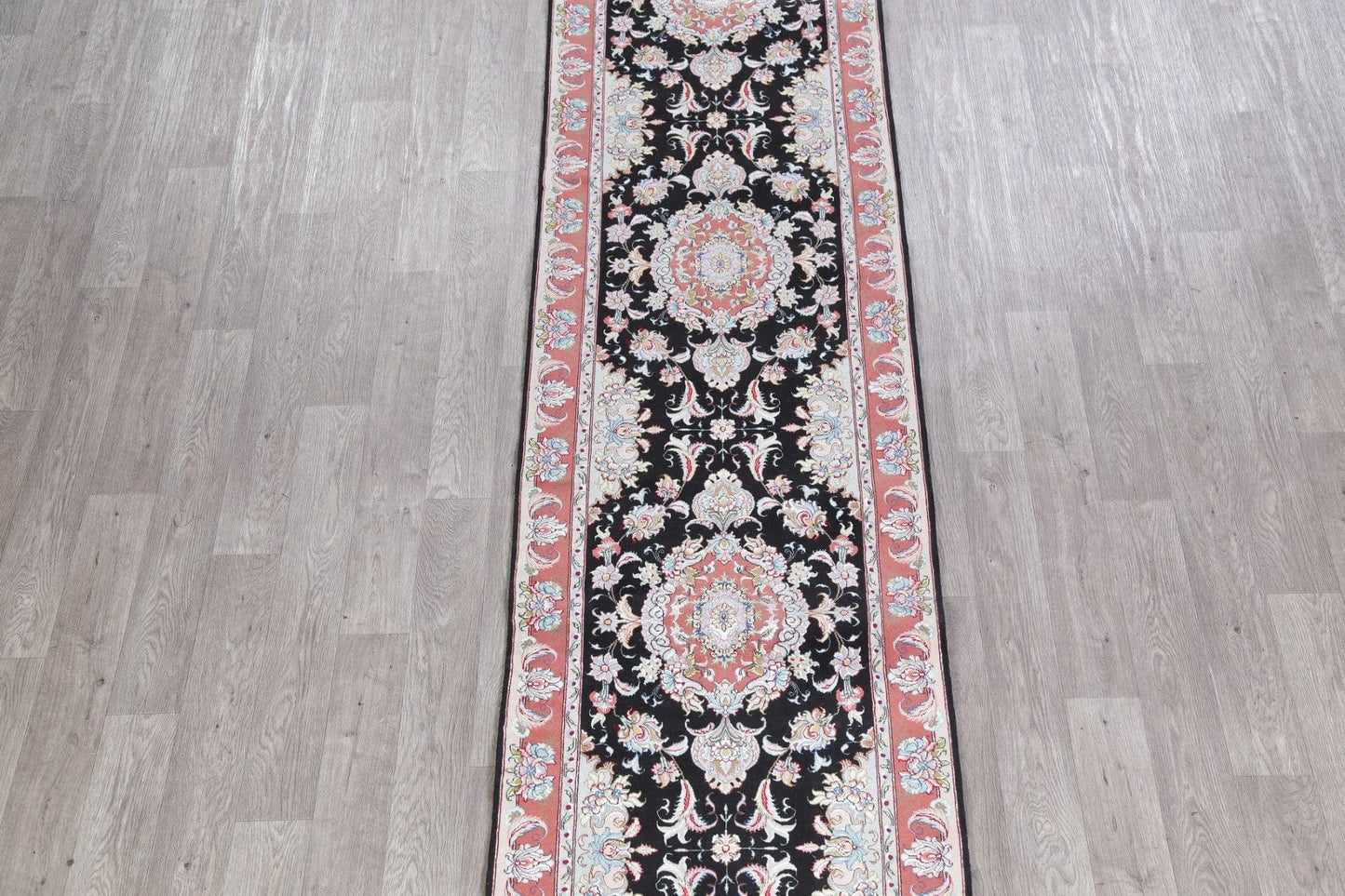 Vegetable Dye Floral Black Tabriz Persian Hand-Knotted Runner Rug 3x17