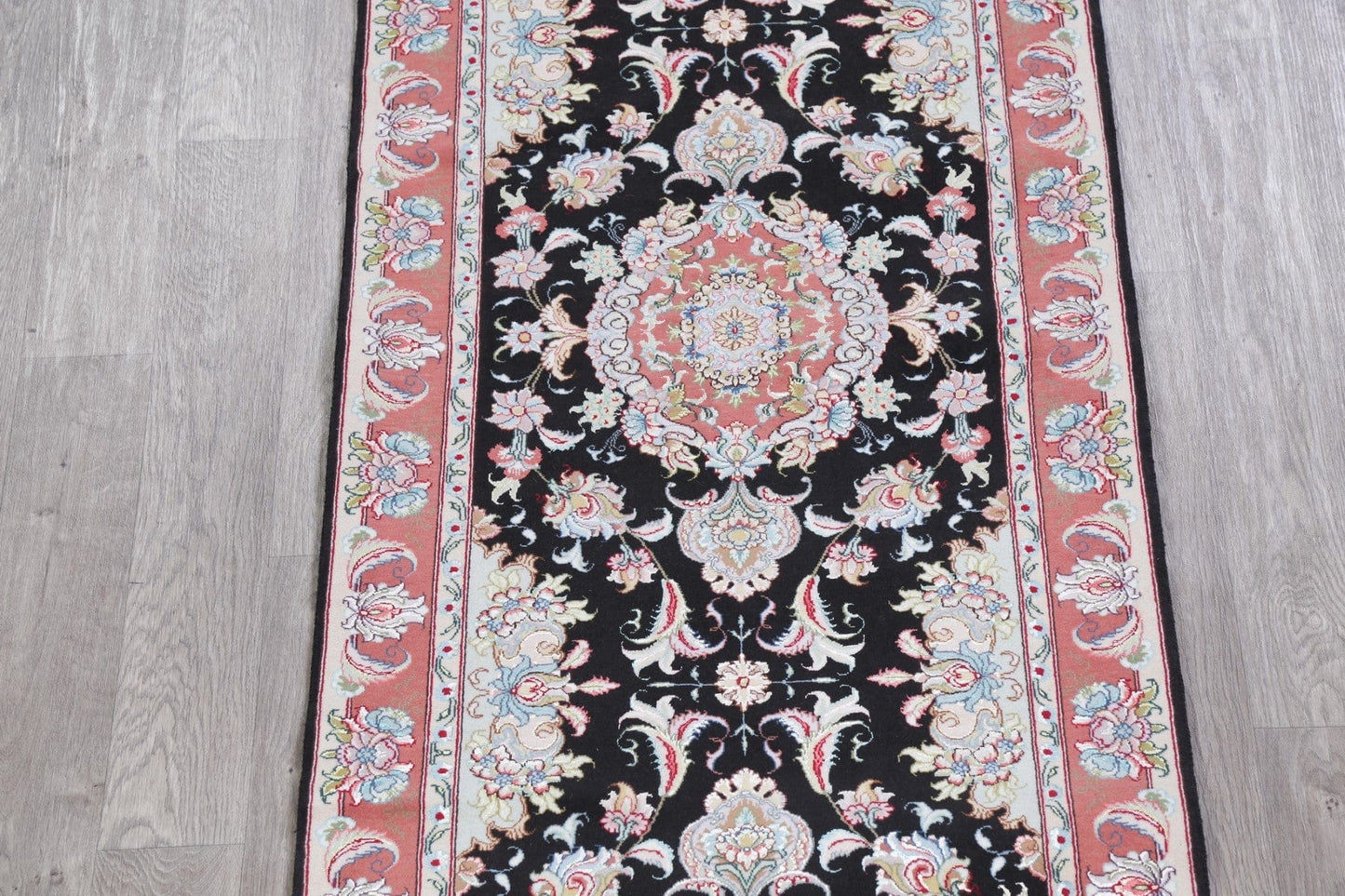 Vegetable Dye Floral Black Tabriz Persian Hand-Knotted Runner Rug 3x17