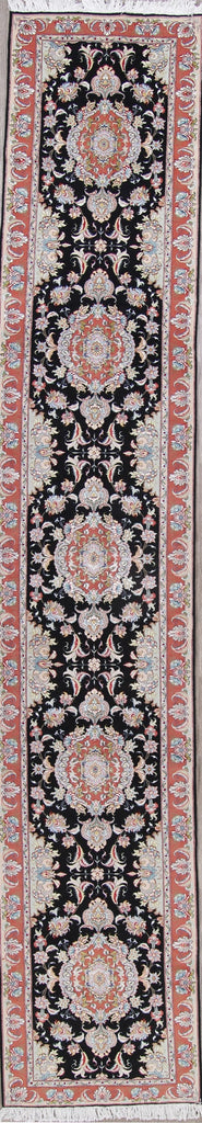 Vegetable Dye Floral Black Tabriz Persian Hand-Knotted Runner Rug 3x17