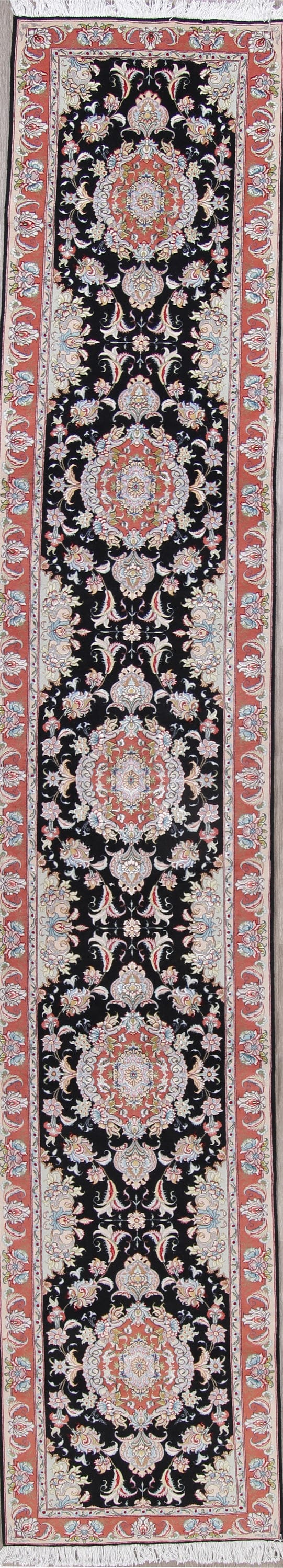 Vegetable Dye Floral Black Tabriz Persian Hand-Knotted Runner Rug 3x17