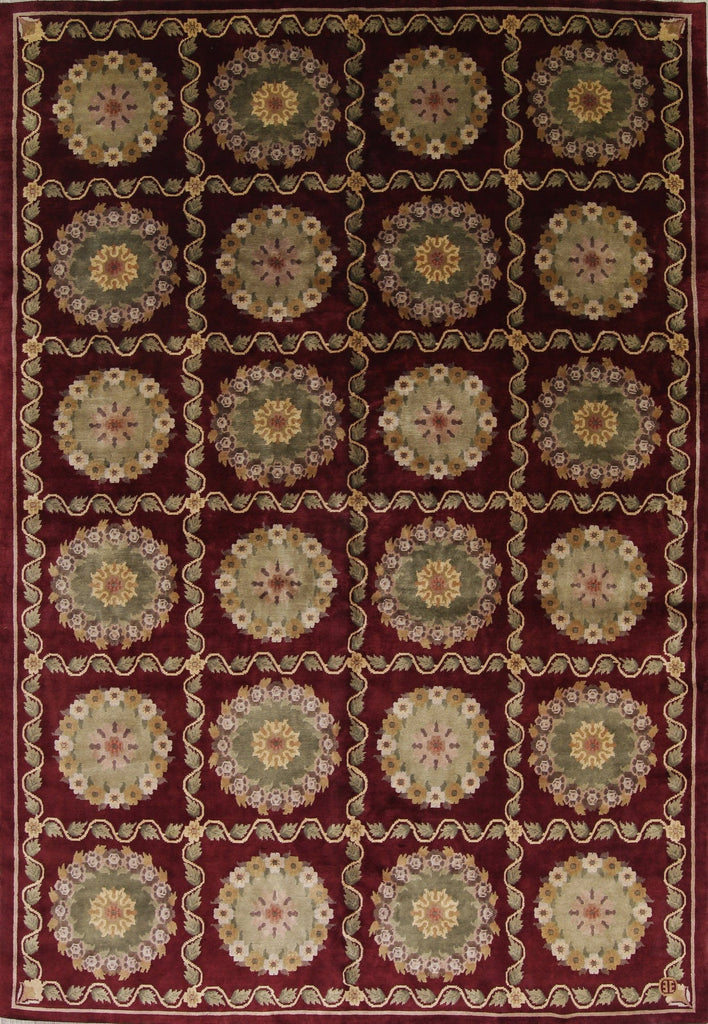 Geometric Red Aubusson Kathmando Oriental Hand-Knotted Area Rug 10x15