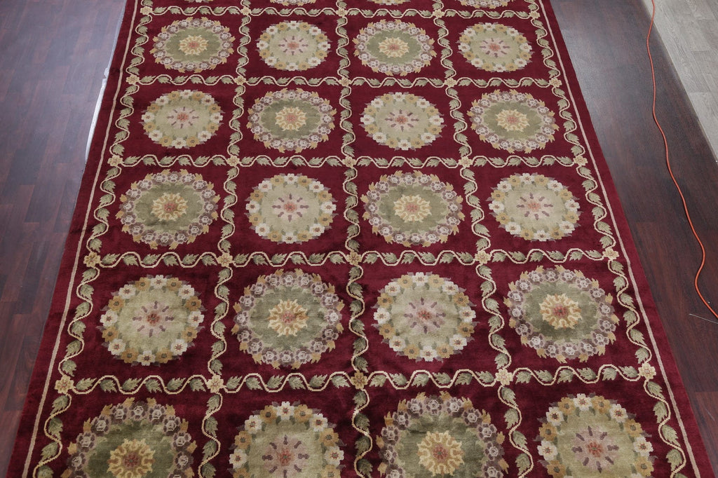 Geometric Red Aubusson Kathmando Oriental Hand-Knotted Area Rug 10x15