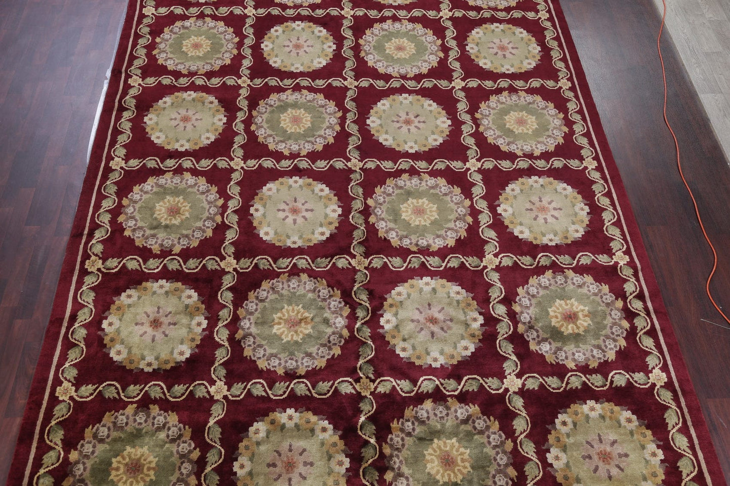 Geometric Red Aubusson Kathmando Oriental Hand-Knotted Area Rug 10x15