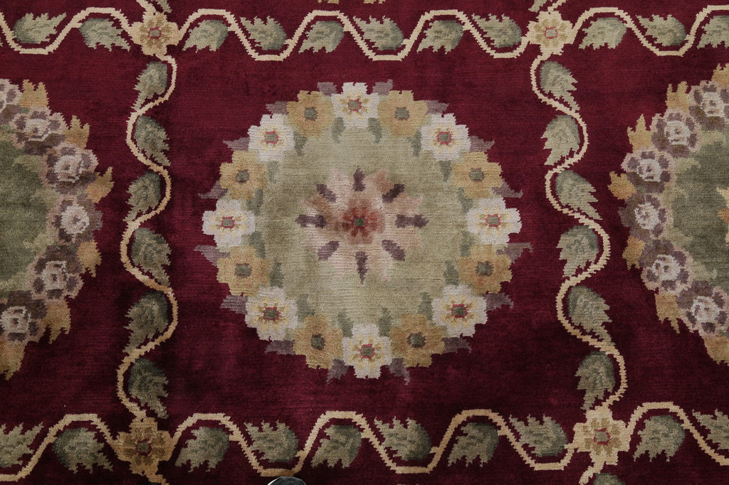 Geometric Red Aubusson Kathmando Oriental Hand-Knotted Area Rug 10x15