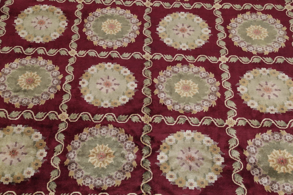 Geometric Red Aubusson Kathmando Oriental Hand-Knotted Area Rug 10x15