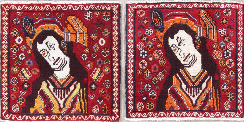 Pack Of Two Pictorial Abadeh Persian Hand-Knotted 2x2 Red Square Rug