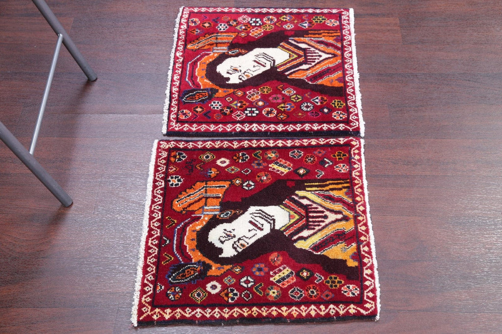 Pack Of Two Pictorial Abadeh Persian Hand-Knotted 2x2 Red Square Rug