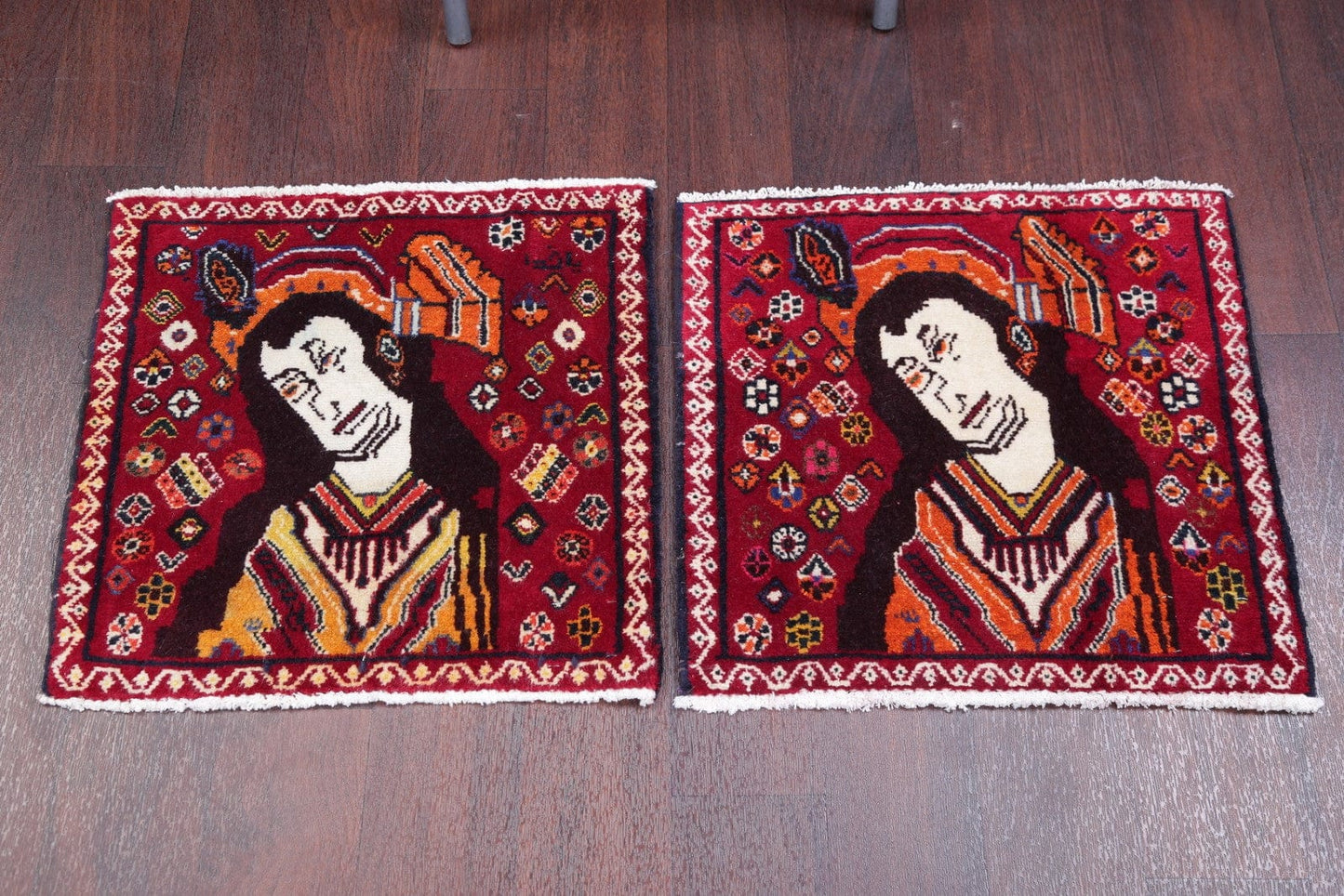 Pack Of Two Pictorial Abadeh Persian Hand-Knotted 2x2 Red Square Rug