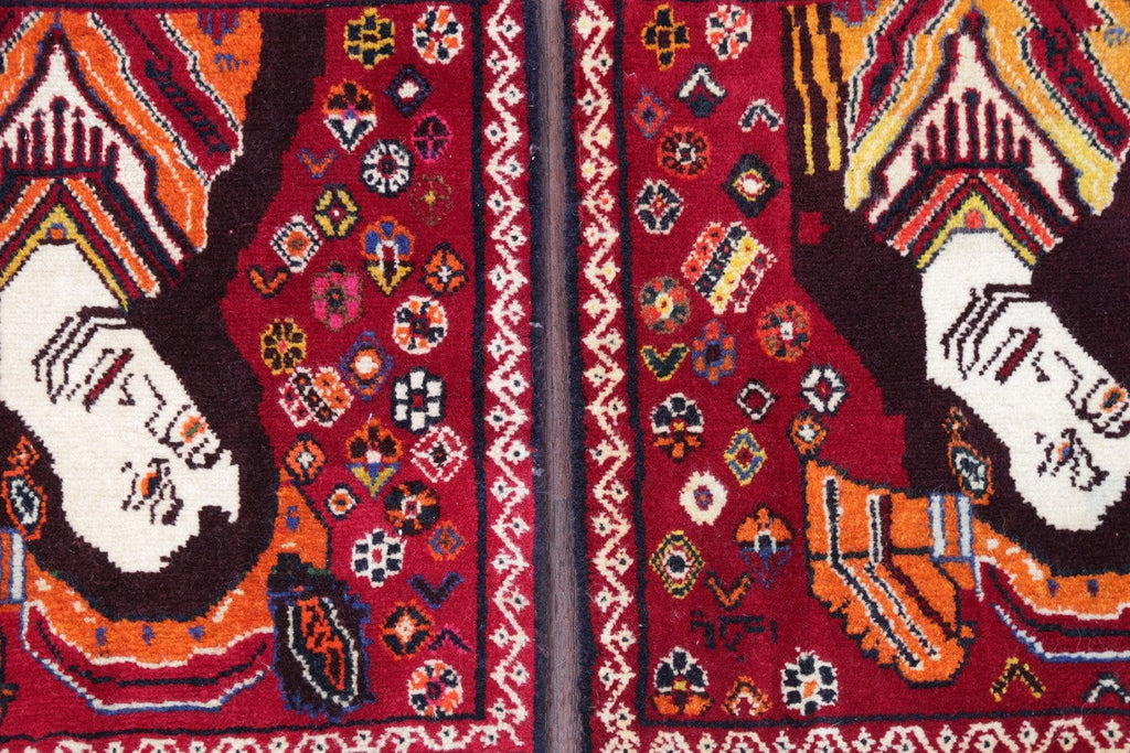 Pack Of Two Pictorial Abadeh Persian Hand-Knotted 2x2 Red Square Rug