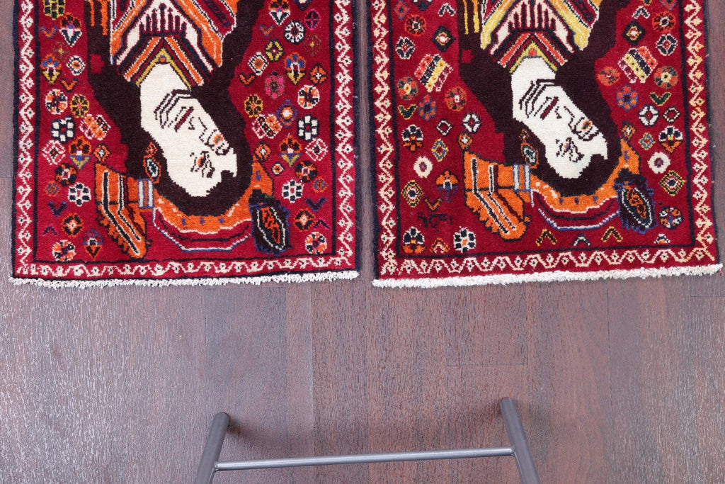 Pack Of Two Pictorial Abadeh Persian Hand-Knotted 2x2 Red Square Rug